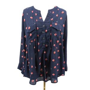 Polka Dot Tunic Blouse Navy Coral Flowy‎ Roll Tab Career Casual Size 1X